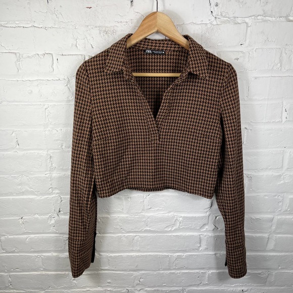 Zara Women's Houndstooth Cropped Top Long Sleeves Brown Black Size Medium NWOT - Picture 2 of 4